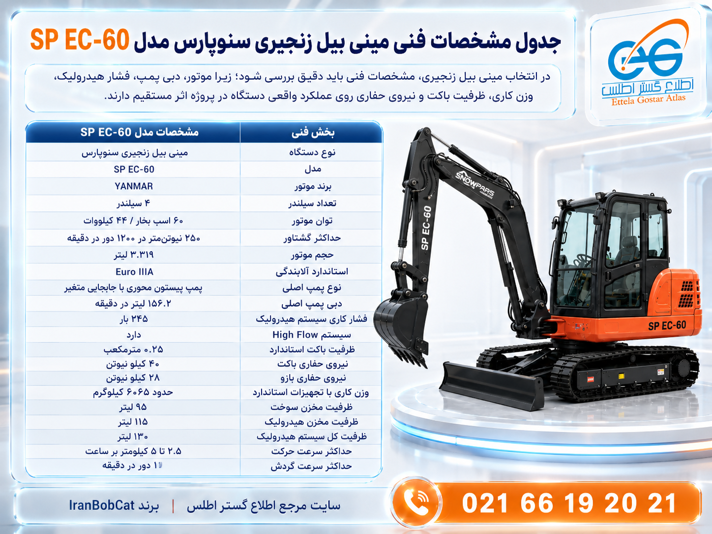 جدول مشخصات فنی مینی بیل زنجیری سنوپارس SP EC-60 با موتور YANMAR، سیستم High Flow، فشار هیدرولیک 245 بار و وزن کاری 6065 کیلوگرم
