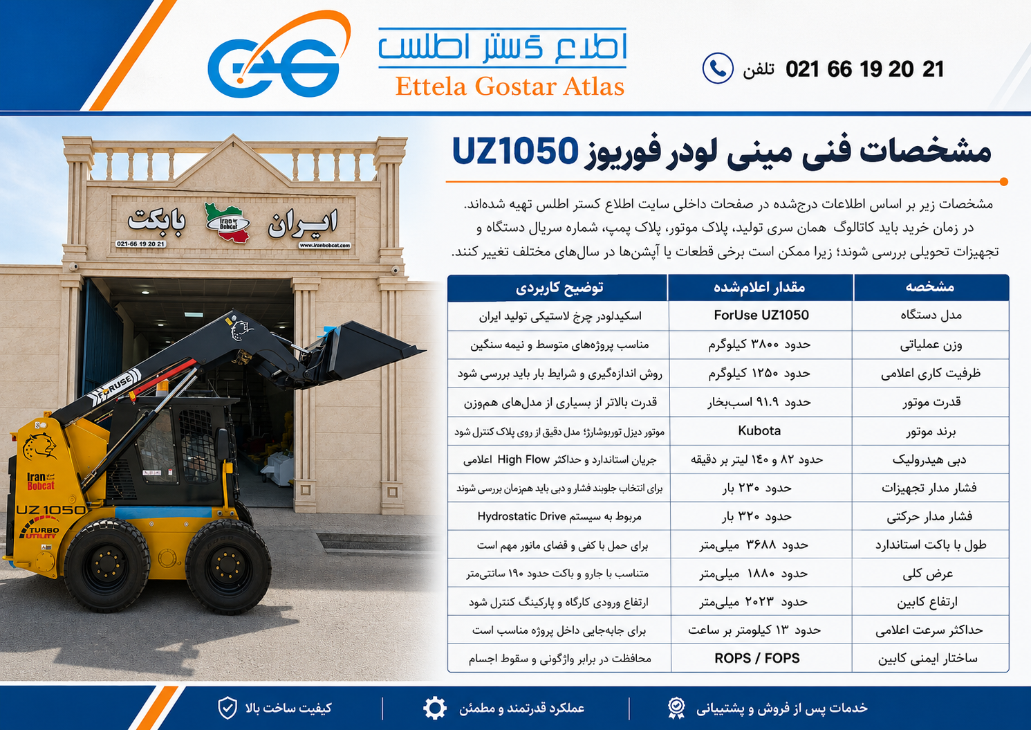 مشخصات فنی مینی لودر فوریوز UZ1050 با موتور Kubota، سیستم High Flow و ظرفیت کاری ۱۲۵۰ کیلوگرم