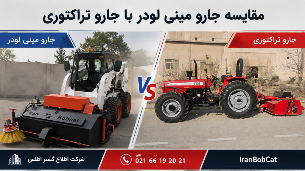 مقایسه جارو مینی لودر با جارو تراکتوری در یک تصویر تبلیغاتی، شامل جارو نصب‌شده روی مینی لودر و جارو متصل به تراکتور برای نظافت محوطه‌های شهری، صنعتی و کشاورزی