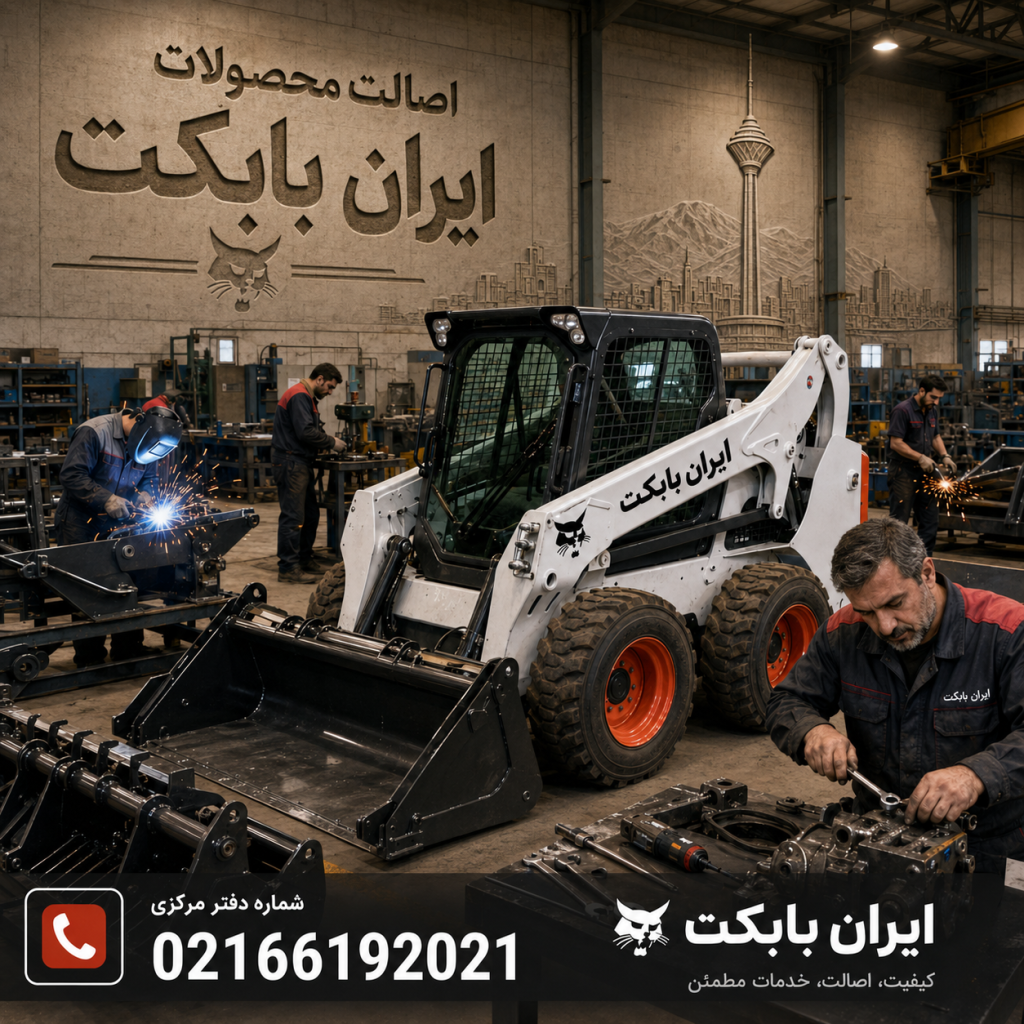 کارگاه تولید و تعمیرات ایران بابکت با دستگاه بابکت، نیروهای تولید جلوبند و شماره دفتر مرکزی اصالت محصولات ایران بابکت