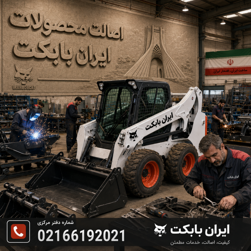 کارگاه تولید و تعمیرات ایران بابکت با دستگاه بابکت، نیروهای تولید جلوبند و شماره دفتر مرکزی