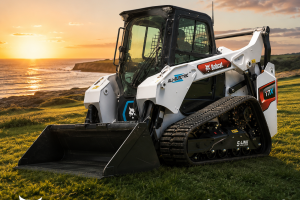 بابکت برقی Bobcat T7X تمام‌برقی در دشت سرسبز کنار دریا با غروب خورشید و برند ایران بابکت
