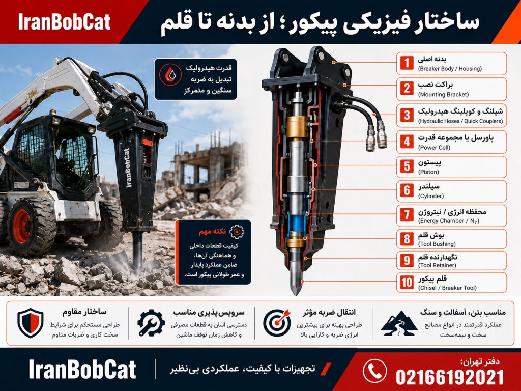 ساختار فیزیکی پیکور بابکت از بدنه اصلی تا قلم با نمایش اجزای داخلی، شیلنگ هیدرولیک، پیستون و قلم پیکور IranBobCat