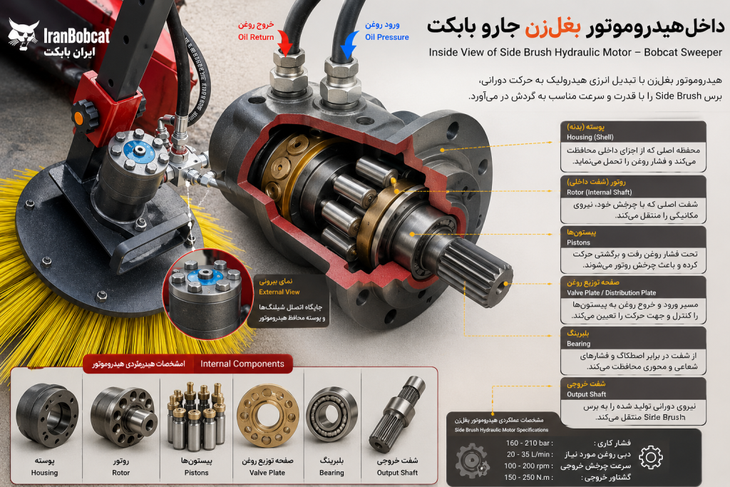 نقش هیدروموتور در عملکرد بغل‌زن جارو بابکت Side Brush Hydraulic Motor و نمایش مسیر ورود و خروج روغن هیدرولیک