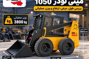 اینفوگرافیک ابعاد و وزن مینی لودر 1050 شامل طول 3688 میلی متر، عرض کلی 1880 میلی متر، ارتفاع کابین 2023 میلی متر و وزن عملیاتی 3800 کیلوگرم