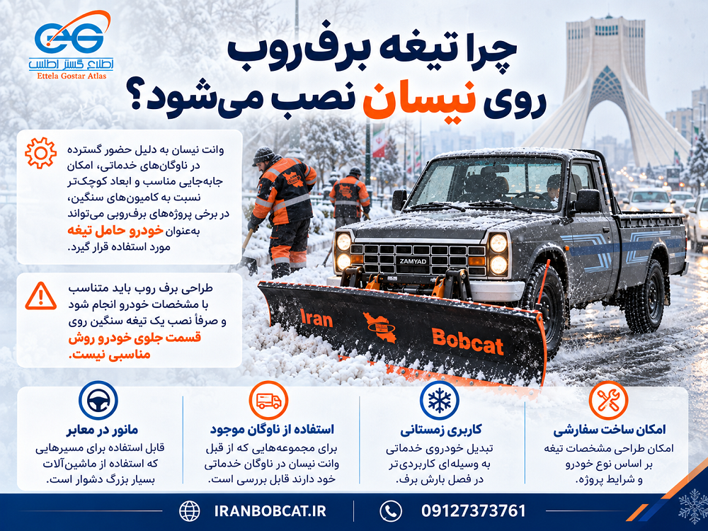 تیغه برف روب نیسانی ایران بابکت در حال پاکسازی برف از معابر شهری تهران